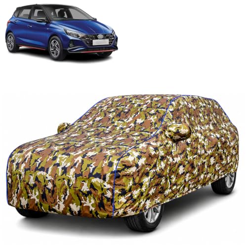 Image of Waterproof Car Body Cover for Hyundai i20 N Line with Mirror Pocket| Cotton Inner Lining | Triple Stitched | All Weather Protection | Dust, UV & Rain Proof (Camouflage with Blue Piping)