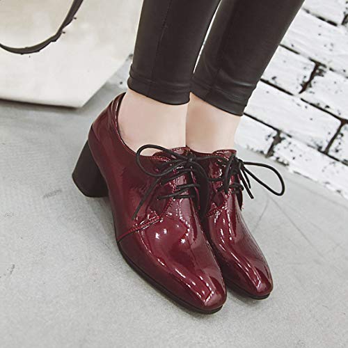 VOKLIN Women's Square Toe Lace Up Pump Oxford Patent Leather Chunky Mid Block Heel Western Dress Loafer Shoes3