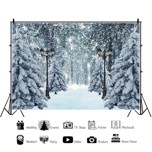 MIRRORANG 4,5x3m Winter Scenery Backdrops Christmas Forest Path Streetlamp Wonderland Falling Snowflake Snow Covered Tree Party Photography Backgrounds Banner Decorations Photo Studio Props - Image 3
