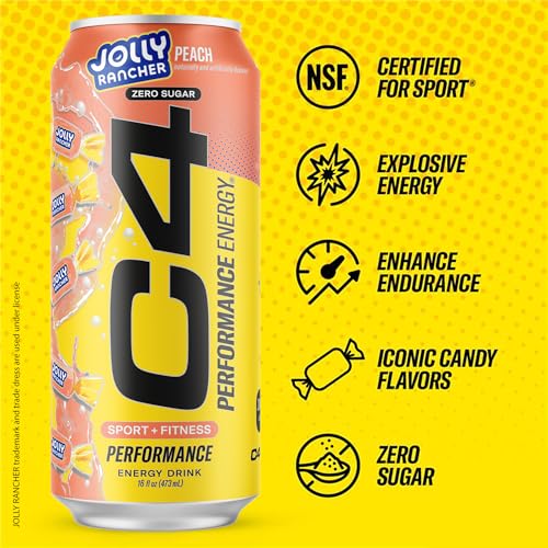 Image of Cellucor C4 Performance Energy Drink | JOLLY RANCHER Peach | Zero Sugar Carbonated Preworkout Energy | 200mg Caffeine with Beta Alanine | 16 Fl Oz (24 Pack)