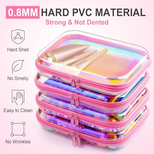 Image of Hoolerry 4 Pcs Hard Clear Zipper Case Makeup Bags Plastic Zipper Pouch Transparent Storage Box Containers for Cosmetics, Snacks, Building Blocks, Puzzles(Clear,9.8 x 7.9 x 2 in,Pink Laser)