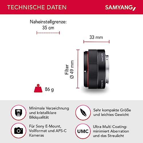 Samyang AF 35mm F2,8 FE für Sony E-Mount Vollformat & APS-C, Pancake Weitwinkelobjektiv mit 63,1° Bildwinkel & schnellem Autofokus, Festbrennweite für Sony E Mount Alpha A7C, A7C II, A7C R, A7 III – Bild 3
