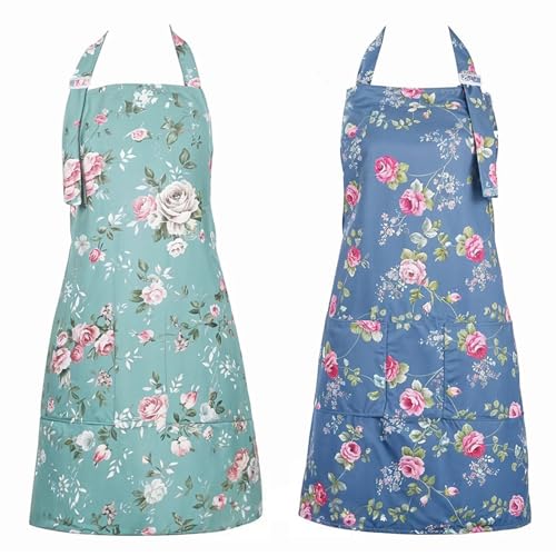 Hwtcjx 2 Piezas Delantal Antiincrustante y Ajustable, Delantal de Cocina, Delantales de Lona, Mandiles con Bolsillos para Cocinar y Hornear para Mujeres, Hombre y Pareja (Rosa Azul, Rosa Verde)