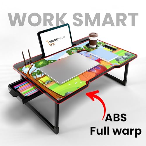 Image of WONDWILD Smart Multipurpose Foldable Laptop Table with Cup Holder, Study Table, Bed Table, Breakfast Table, Foldable and Portable /Ergonomic & Rounded Edges /Non-Slip Legs (ABS BK)