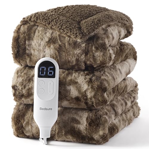 Image of Bedsure Faux Fur Heated Blanket Twin Size, Fast Heating Electric Blanket Twin Size with 6 Heating Levels & 10 Time Settings, Cozy Gifts for Women Men (62x84 inches, Brown)