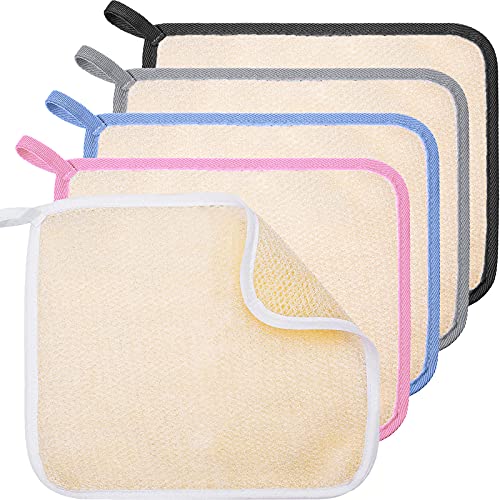 Tatuo 5 Pcs Exfoliating Face and Body Wash Cloths Towel Weave Bath Exfoliating Scrub Massage Bath Cloth for Women and Men 10.23 x 8.66 Inch(White Pink Blue Gray Black Edge)