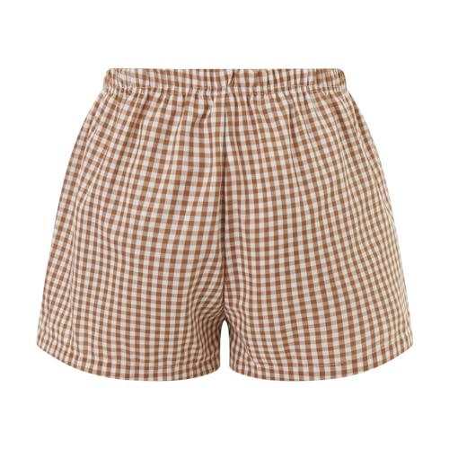 Image of Y2k Plaid Shorts Cute Baggy Ginghem Boxer Shorts for Women Checked Lounge Pajama Bottom Preppy Sleep Pj Shorts