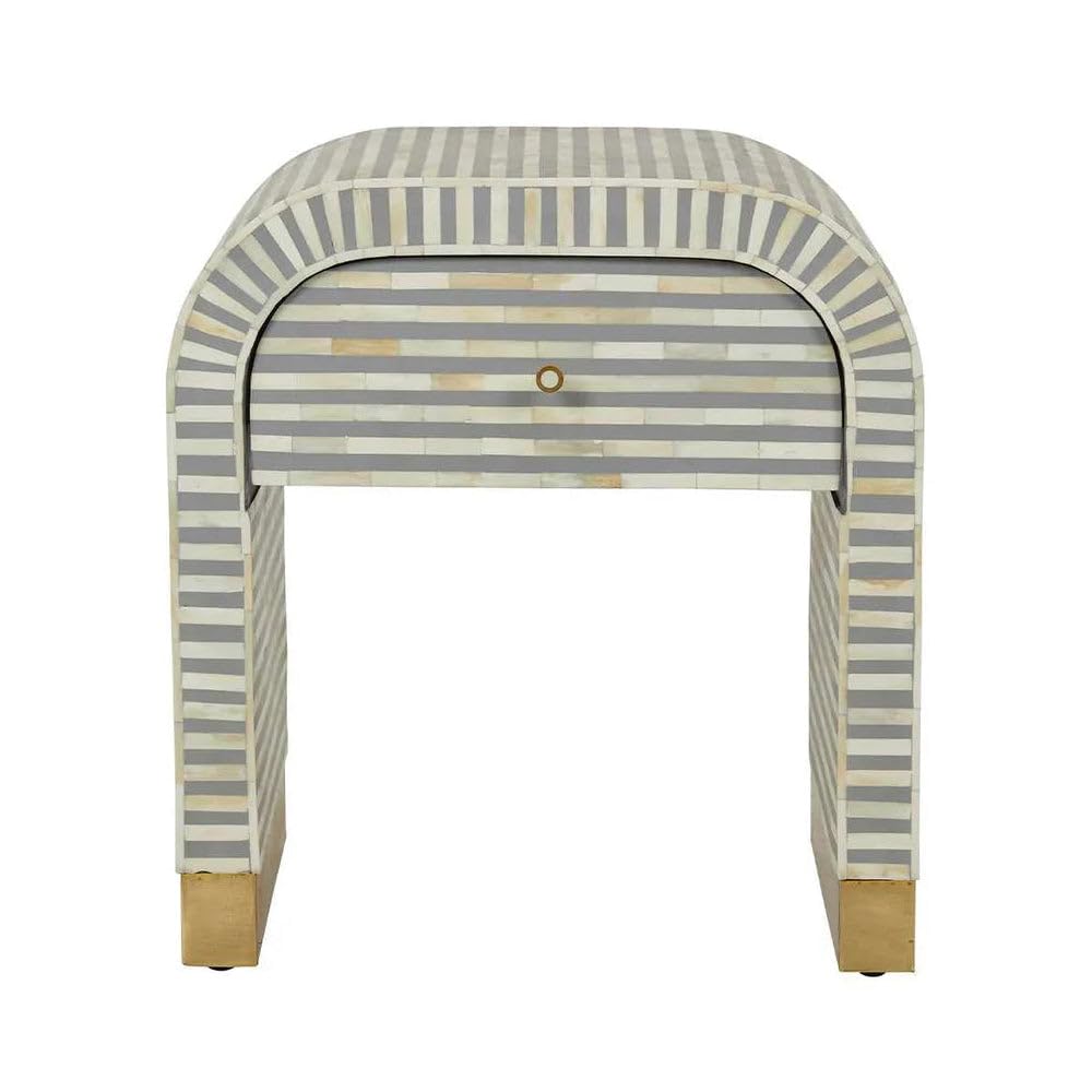 furniture bone inlay bedside table | arched stripe design nightstand with drawer | handmade wooden side table with gold base | luxury modern bedside cabinet for bedroom & living room