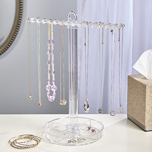 Clear Plastic Necklace Holder with 30 Individual Pegs and Divided Jewelry Tray