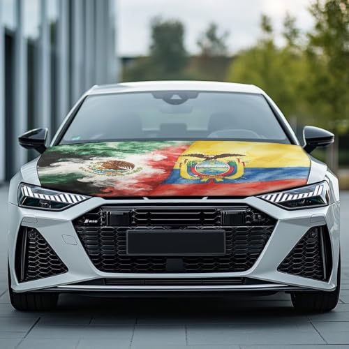 Image of Car Hood Cover Mexican Flag and Ecuador Flag Car Hood Protector Waterproof Universal Automotive Exterior Accessories Patriotic Decorations for Compact Vehicles Sedans Trucks SUVs Pickup
