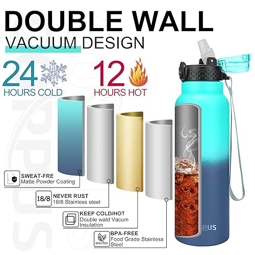 GOPPUS 750ml/26oz Stainless Water Bottle with Straw Double Wall Insulated Bottles with Strap Reusable Vacuum Thermal Flask Leakproof Keep Cold Drinks Bottles with Flip Top Lid for Men Women BPA Free - Image 2