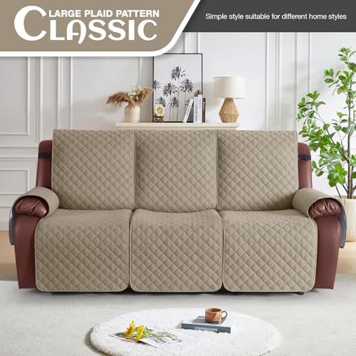 Image of KinCam Waterproof Recliner Sofa Cover, Non-Slip Reclining Couch Covers for 3 Seat, Recliner Couch Cover Furniture Protector with Elastic Straps for Pets, Kids, Khaki