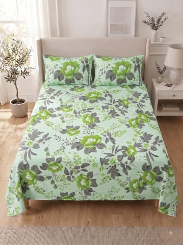 Image of Mafatlal 144 TC Cotton bedsheet for Double Bed, Floral Printed Queen bedsheet with 2 Pillow Covers, 90x100 Size Cotton Bed Sheet, Pure Cotton Full Bedspread|Apple Green