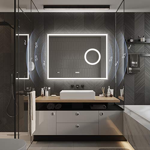 PetusHouse 48 X 36 Inch LED Lighted Smart Bathroom Mirror, Bluetooth Speaker and 5.5 Inch 3X Lighted Magnifier, Wall Mounted White Light Backlit Dimmable Anti-Fog Time Display CRI>90, Horizontally