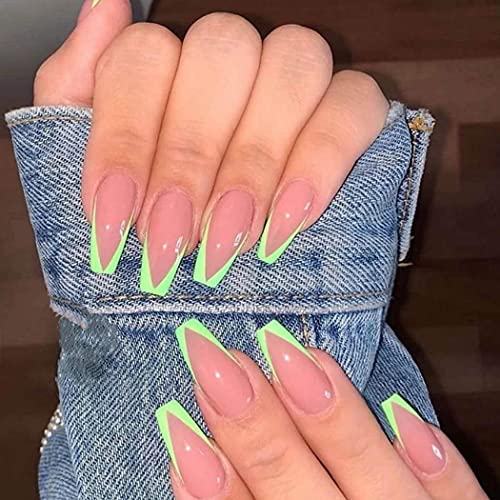 Eollan Glossy Green Press on Nails French Long Fake Nails Coffin False Nails Full Cover Arylic Nails for Women and Girls (24PCS)