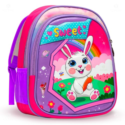 Mochila Pré-Escolar Infantil com Personagens 14x26x31cm Resistente à Água Leve Alças Acolchoadas Ajustáveis Zíper Fácil Limpeza Forro Durável para Creche e Escola Meninos e Meninas (COELINHO BRANCO)