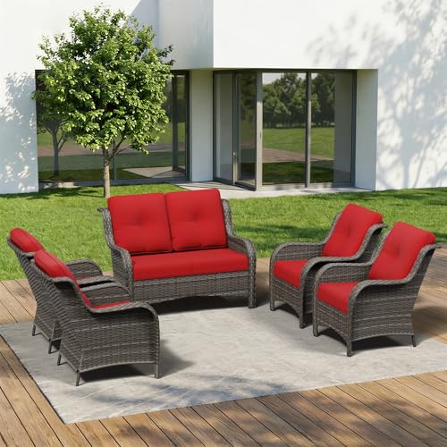 Image of 5 Piece Outdoor Wicker Patio Furniture Set, Patio Chairs Set with Thickened Olefin Cushions, High Back and Deep Seating, Hand-Woven PE Rattan for Porch, Deck