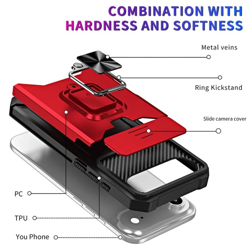 Image of LuxuryKase Shockproof Armor Case for iPhone Air | Slide Camera Cover | Hidden Card Slot | Rotating Ring Kickstand | Magnetic Car Mount Support | Military Grade Protection - Red