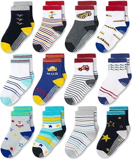 Image of Non Slip Kids Toddler Socks with Grip, Assorted Prints, Socks for Babies to Toddlers, Anti Skid Socks, Crawling Socks with Grippers (colors and designs as per availibility)