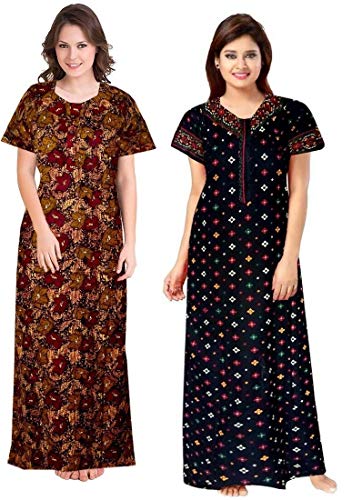 Image of WiWi Nighty for Women Cotton Printed Maxi Gown Ankle Length Nighty Night Dress Gown for Women Maxi - Free Size (Pack of 2)