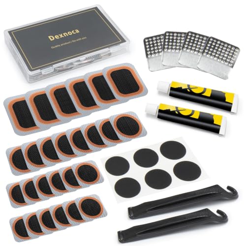 Dexnoca Bike Tire Repair Kit, Bycicle Inner Tube Puncture Patch Kits, Vulcanizing Patches,Glueless Patchs,Lever for Motorcycle BMX Cycling MTB Road Mountain Bicycle A4, BLACK