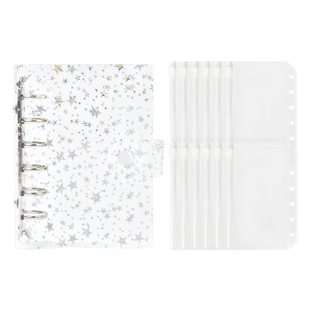 Starry Clear Notebook Binder Cover Persoanl A7 PVC 6-Ring Budget Binder with 12pcs Zipper Cash Envelopes Binder Pockets for Planner Office Cash Organizer