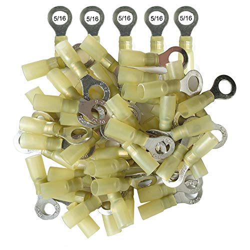 12-10 Gauge Yellow Ring Terminals Heat Shrink, Sizes: 5/16 Insulated Crimp Electrical Wire Seal Connectors for Golf carts, RV, Boat Trailer