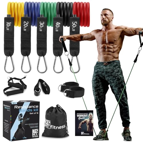 XPRT Fitness 11-Piece Resistance Bands Set - Home Gym Equipment with Door Anchor, Handles & Ankle Straps (10-150 lbs) - Workout Bands for Strength Training, Physical Therapy & Exercise - Men & Women