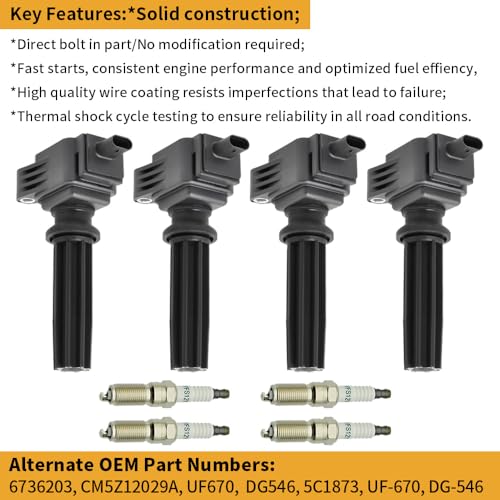 Image of Set of 4 UF670 Ignition Coil Pack Compatible with 2.0L L4 Ford Edge Escape Explorer Focus Fusion Taurus Mustang Lincoln 2012 2013 2014 2015 2016 2017 2018 2019 Replacement CM5Z12029A DG546