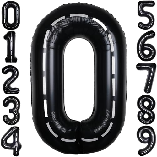 Image of Race Car 40 Inch Black 0 Big Balloon Number Large Helium 0-9 | Track Giant Digital 0th Foil Mylar Party Balloons for Men Birthday Car Theme Party Anniversary Graduation Decorations