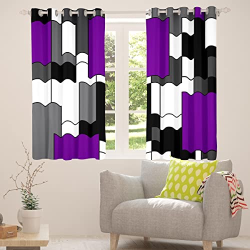 Purple Geometric Window Curtains Black White Grey Square Window Drapes For Kids Boys Girls Room Decor, Modern Abstract Window Treatments Grommet Top 2 Panel Set Bedroom Curtains, 38Wx45L Inch #TOP3