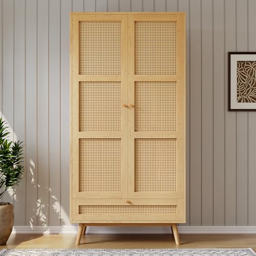 Moimhear Armario con Barra, Armario de 2 Puertas, Dormitorio, Red de ratán, Sala de Estar, con Tapa Inferior abatible, tableros de partículas+ratán de Polietileno, Natural (90x45x183cm)