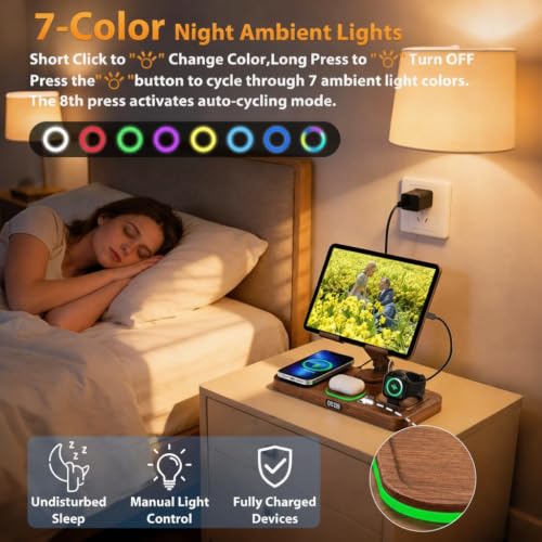 Image of 30W Charging Station for Apple Products,Foldable Wireless Charger with Clock Display&7 Color Light,Wired Charging for iPad /Tablet Charging Station for iPhone17, for Apple Watch11for AirPods4(Woodgrain
