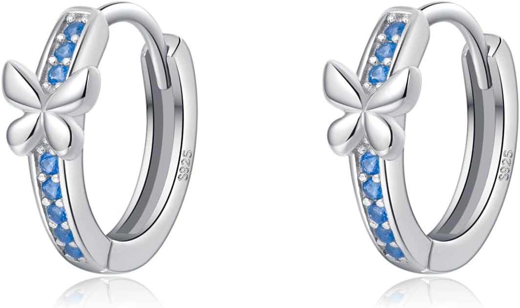 SLUYNZ Solid 925 Sterling Silver Blue CZ Butterfly Earrings Hoop for Women Teens Butterfly Hoop Earrings Huggie