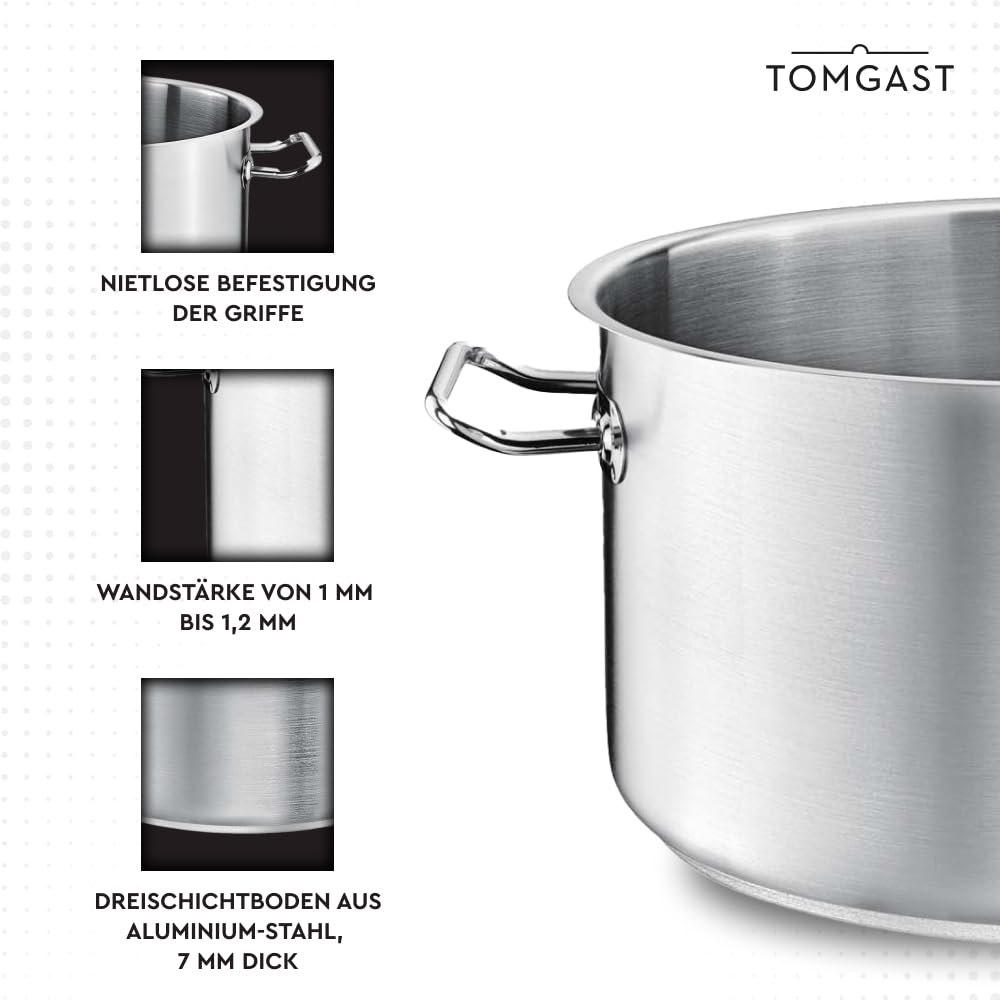 Średni garnek PRO Ø 28 cm, pojemność 10 l, wysokość 17 cm, stal nierdzewna, spód laminowany, do kuchenek i indukcyjnych, nadaje się do mycia w zmywarce