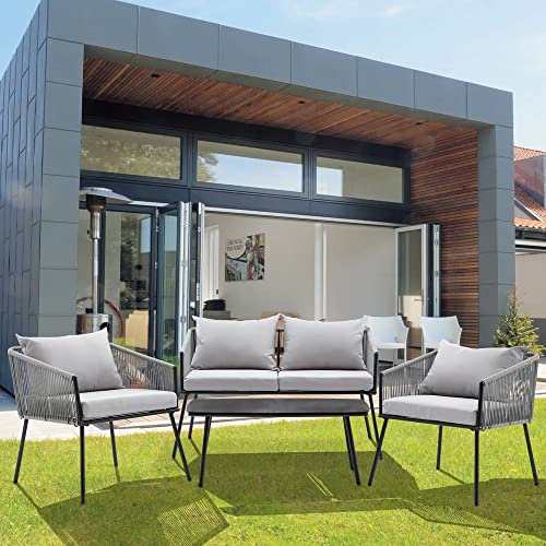 Image of DEVOKO Patio Furniture Set, 4 Pieces Porch Backyard Garden Outdoor Furniture Rope Sofa Set and Table Conversation Set in Grey Color