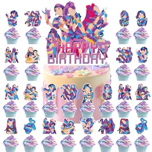FOSDICK Juego de 25 Decoracion Tartas Cumpleaños, 1pcs Happy birthday Cake Topper y 24pcs Adornos para Cupcakes, Anime Decoracion Tarta Cumpleaños, Decoración de Pasteles para Fiesta Cumpleaños Niños