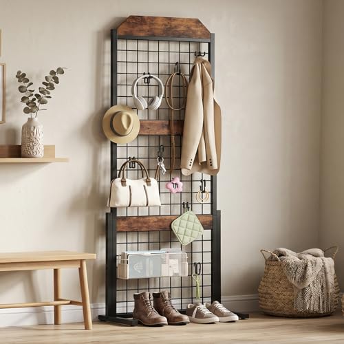 Image of HOOBRO Grid wall Panel units 5.6' x 1.7' Ft Grid Display Rack, Gridwall Panel Display Stands with 5 Garment Hooks & 5 S-Hooks, Wire Grid Display Rack, for Retail Show, Rustic Brown and Black BF45DC01