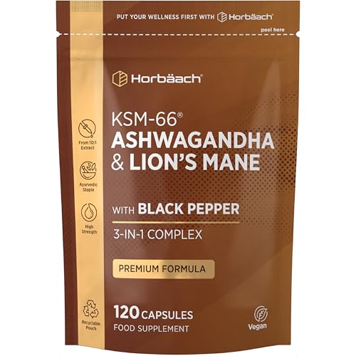 Ashwagandha KSM-66 and Lions Mane 2500mg Capsules | KSM-66 Ashwagandha Root Extract & Lions Mane Mushroom Extract Enhanced with Black Pepper | 120 Vegan Capsules | Horbaach