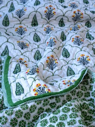 Image of Organic Mulmul Cotton Quilt- Floral, Hand Block Printed, 100% Surgical Cotton (Double)