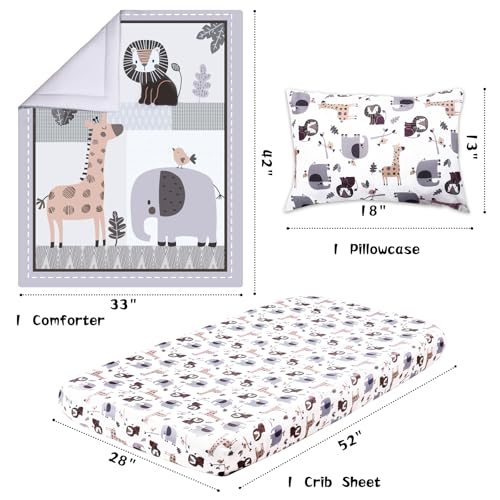 Image of JISEN 3 Piece Crib Bedding Set Soft Baby Crib Bedding Set Jungle Animals Crib Comforter Set - Comforter Crib Sheet Pillowcase Grey Nursery Bedding Sets for Baby Girls or Boys