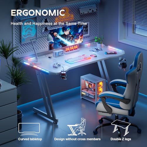 Image of HLDIRECT 47 Inch Gaming Desk with LED Lights Carbon Fibre Surface Gaming Table Large Computer Desk Ergonomic Home Office Desks Z Shaped PC Gamer Workstations with Cup Holder & Headphone Hook White