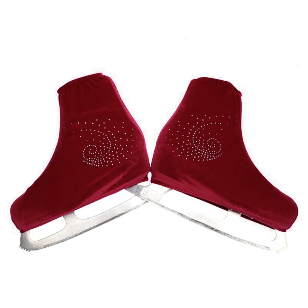 Blausky 1 Pair Unisex Velvet Skates Covers, Figure Skating Shoe Covers with Rhinestones, Cover Socks, Tear-Resistant & Elastic Cover for Inline Skates, Roller Skates and Ice Skates, Wine Red, S (28-32