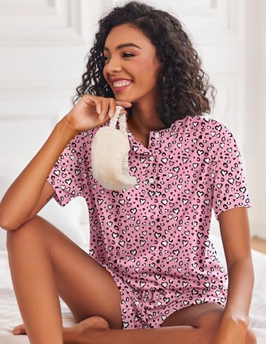 Image of Ekouaer Pajamas Set for Women Short Sleeve Lounge Set 2 Piece Loungewear PJs Soft Cute Lightweight Sleepwear