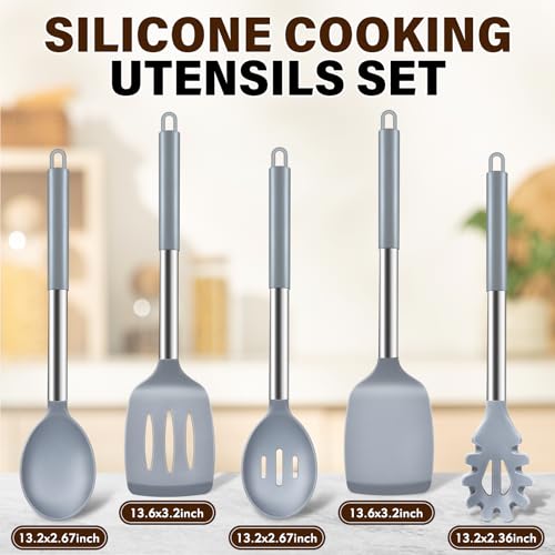 Image of 5Pcs Silicone Cooking Utensils Set, Heat Resistant Kitchen Tools Include Solid&Slotted Spatula, Cooking Spoon and Pasta Server, Silicone Kitchen Utensils set for Nonstick Cookware Flipping, Gray
