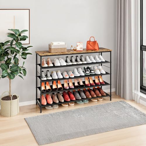 Image of INGIORDAR Shoe Rack Organizer 5 Tier Metal Organizer Shelf with Industrial MDF Board and Layer Fabric for Entryway Closet Bedroom Living Room Garage (Black+Rustic Brown, 5 Tier(47.2 inch W))