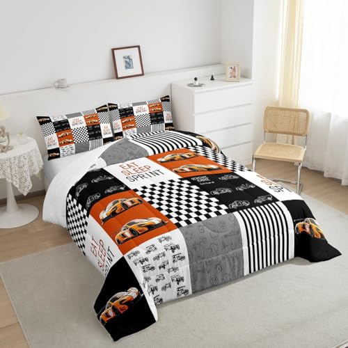 Image of Feelyou Race Car Bedding Set Speed Sports Car Comforter Set Toddler Size for Kids Boys Girls Racing Car Comforter Geometric Grid Extreme Sports Inner Fill Duvet Set 1 Comforter Set with 1 Pillowcase