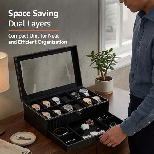 Image of Amazon Basics Sliding Drawer 12-Slot Watch and Jewelry Organizer - Faux Leather & MDF Storage Box for Men and Women, Black