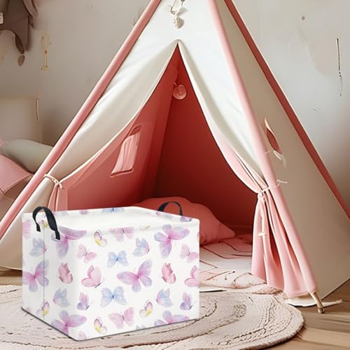 Image of Rectangle Storage Basket with Handles,Collapsible Storage Bin,Books Box,Gift Basket(Pink Watercolor Butterfly)