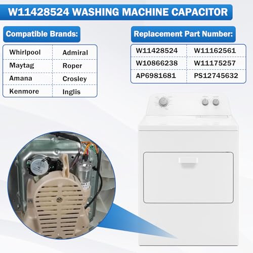 Image of W11428524 Washer Motor Run Capacitor 45uF 250VAC 50 /60Hz 10000AFC Compatible with Whirlpool Kenmore Maytag Amana Washer Capacitor Replace W10866238 W11162561 W11175257 AP6981681 PS12745632